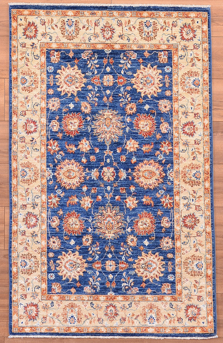 Uşak Original Hand Woven Cream Blue Vegetable Dyed Wool Carpet 0.92x148 1.36 Square Meters - 3x5 ft