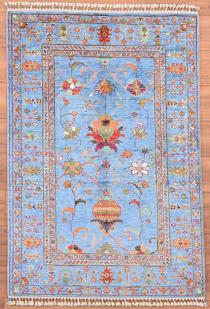 Sultani Floral Original Hand Woven Blue Vegetable Dyed Wool Carpet 104x153 1.59 Square Meters - 3x5 ft