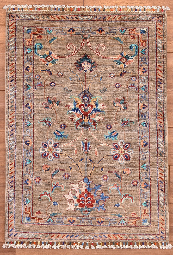 Sultani Floral Original Hand Woven Beige Vegetable Dyed Wool Carpet 0.83x117 0.97 Square Meters - 3x5 ft