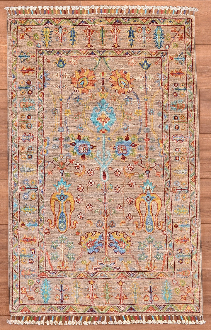 Sultani Çiçekli Orjinal El Dokuması Bej Kök Boya Yün Halı 0.81x126 1.02 Metrekare - 3x4 ft