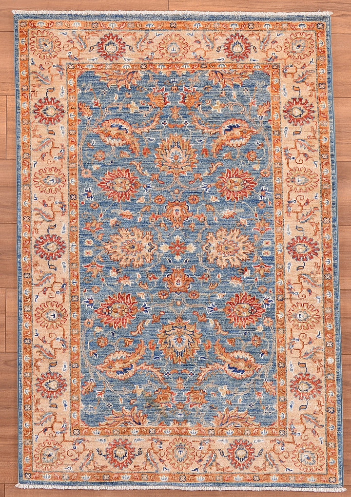 Uşak Original Hand Woven Cream Blue Vegetable Dyed Wool Carpet 0.96x141 1.35 Square Meters - 3x5 ft