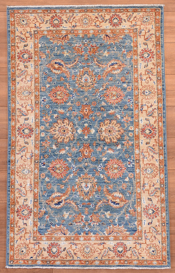 Uşak Original Hand Woven Cream Blue Vegetable Dyed Wool Carpet 0.96x157 1.51 Square Meters - 3x5 ft