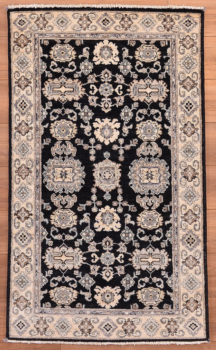 Uşak Original Hand Woven Cream Black Vegetable Dyed Wool Carpet 0.87x148 1.29 Square Meters - 3x5 ft