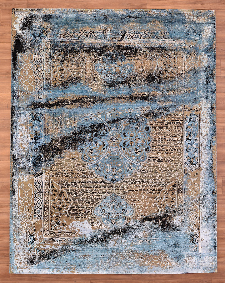 Oxidised Original Hand Woven Blue Wool Silk Carpet 236x301 7.10 Square Meters - 8x10 ft