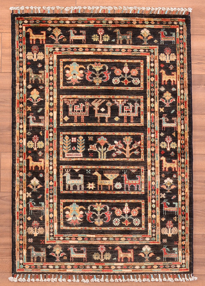 Khorjin Original Hand Woven Black Vegetable Dyed Wool Carpet 0.87x127 1.10 Square Meters - 2x4 ft