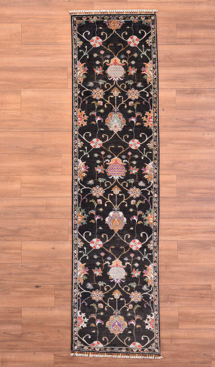 Sultani Floral Runner Original Hand Woven Black Vegetable Dyed Wool Carpet 0.77x299 2.30 Square Meters - 2x10 ft