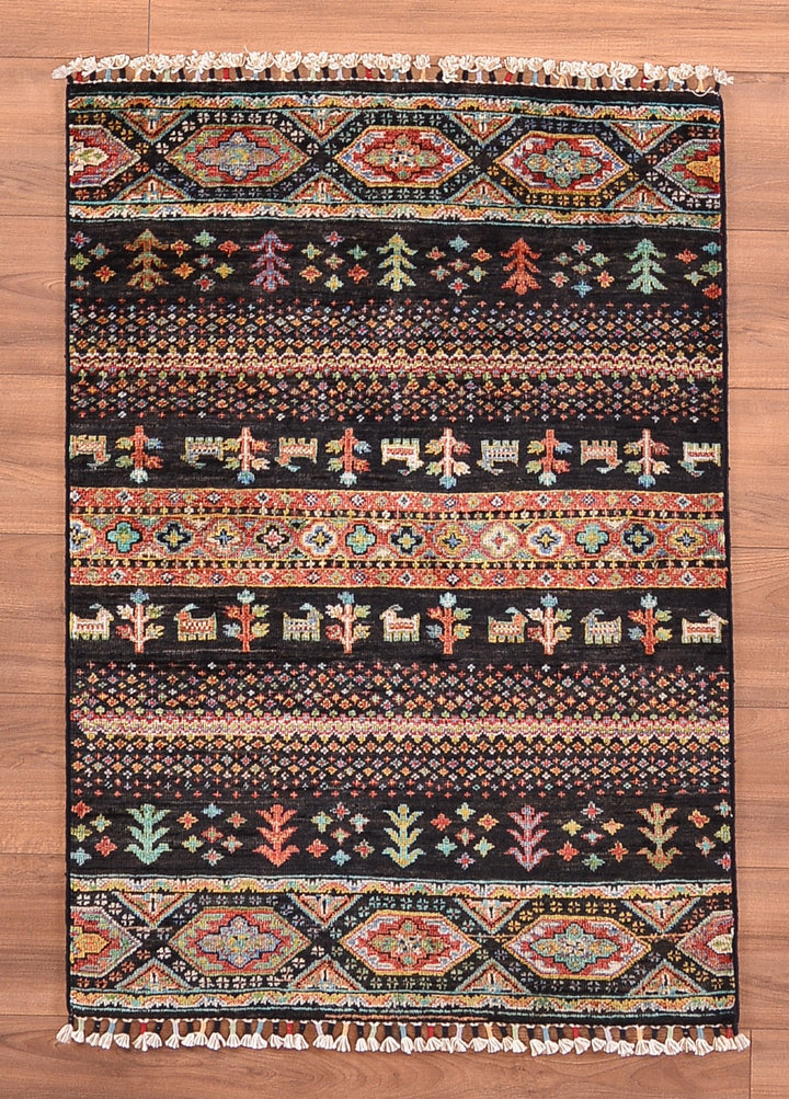 Khorjin Original Hand Woven Black Vegetable Dyed Wool Carpet 0.79x114 0.90 Square Meters - 2x4 ft