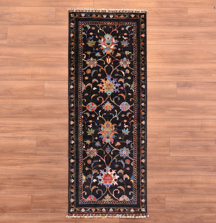 Sultani Floral Runner Original Hand Woven Black Vegetable Dyed Wool Carpet 0.81x207 1.68 Square Meters - 2x7 ft