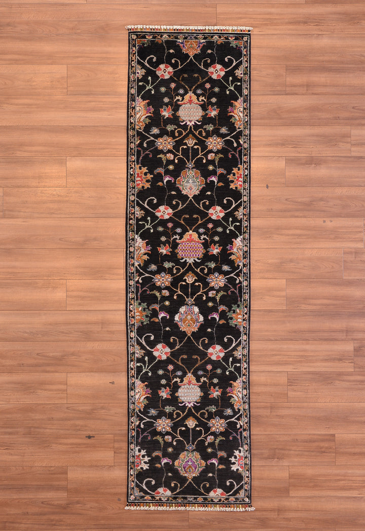 Sultani Floral Runner Original Hand Woven Black Vegetable Dyed Wool Carpet 0.76x295 2.24 Square Meters - 2x10 ft