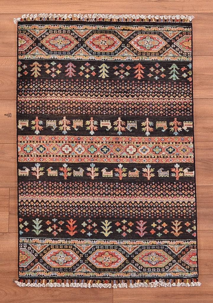 Khorjin Original Hand Woven Black Vegetable Dyed Wool Carpet 0.81x114 0.92 Square Meters - 2x4 ft