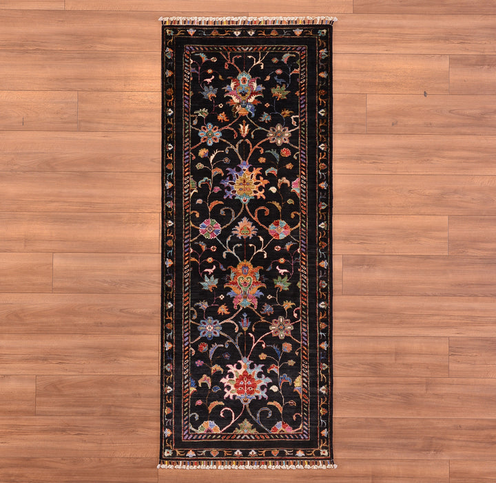 Sultani Floral Runner Original Hand Woven Black Vegetable Dyed Wool Carpet 0.81x207 1.68 Square Meters - 2x7 ft