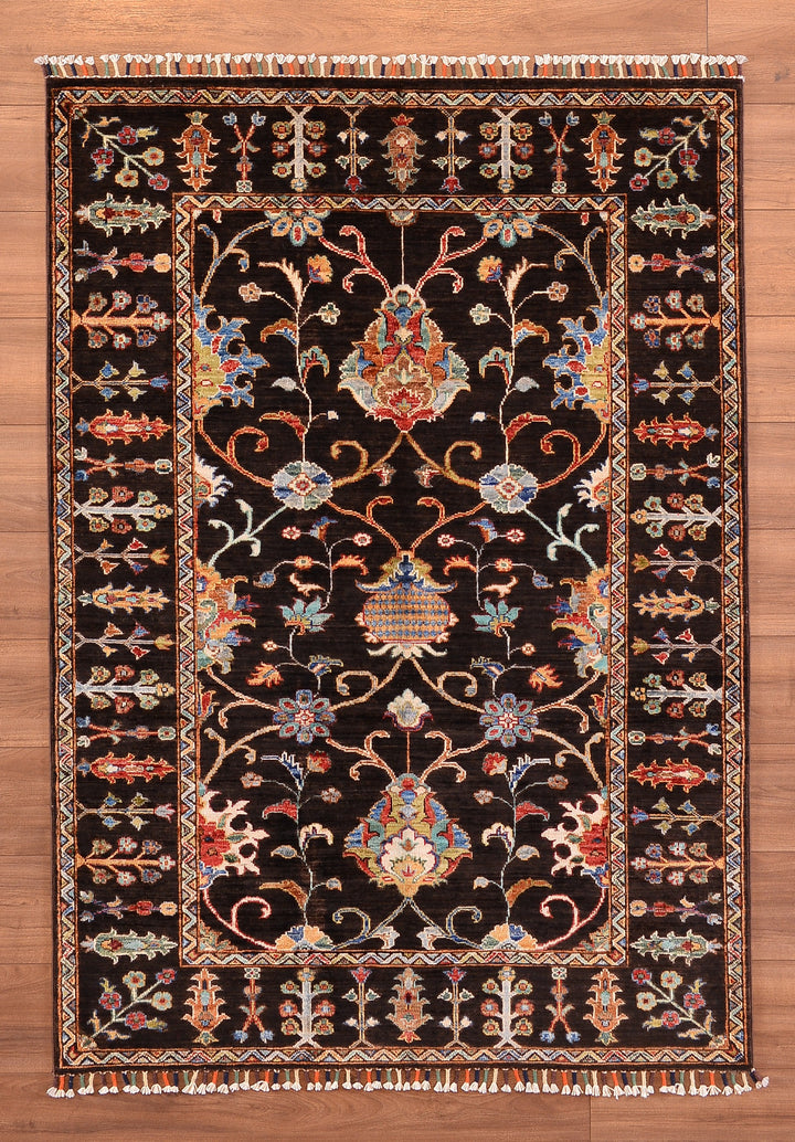 Sultani Floral Original Hand Woven Black Vegetable Dyed Wool Carpet 126x177 2.23 Square Meters - 3x5 ft