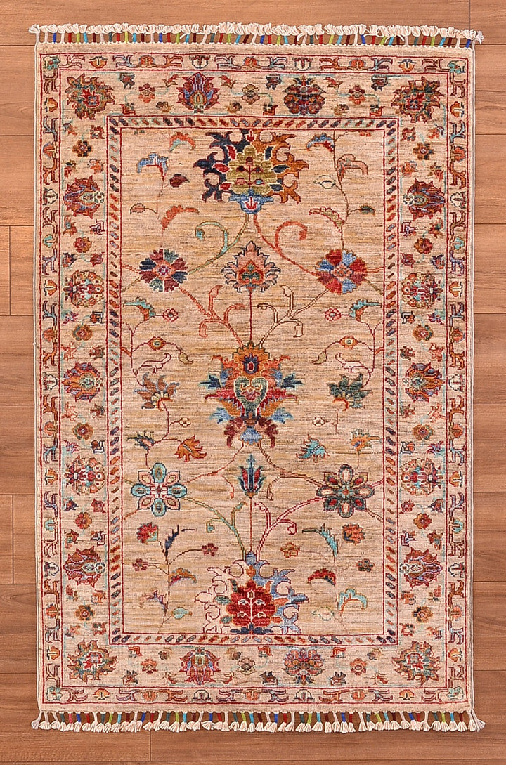 Sultani Floral Original Hand Woven Beige Root Dye Wool Carpet 0.93x143 1.33 Square Meters - 3x4 ft 