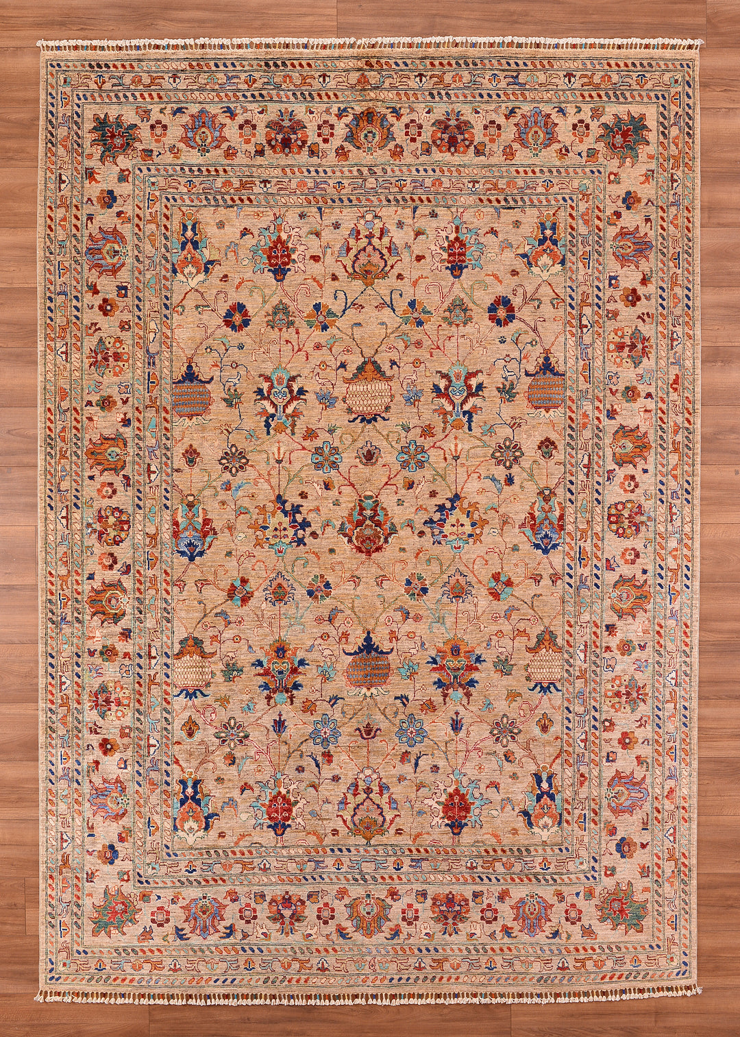 Sultani Binbirgece Orjinal El Dokuması Bej Kök Boya Yün Halı 249x308 7.67 Metrekare - 8x10 ft