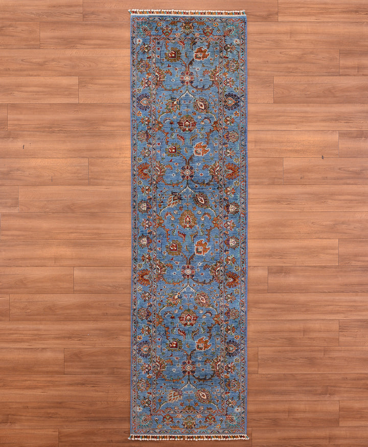 Sultani Binbirgece Runner Original Hand Woven Blue Root Dye Wool Carpet 0.82x298 2.44 Square Meters - 2x8 ft 