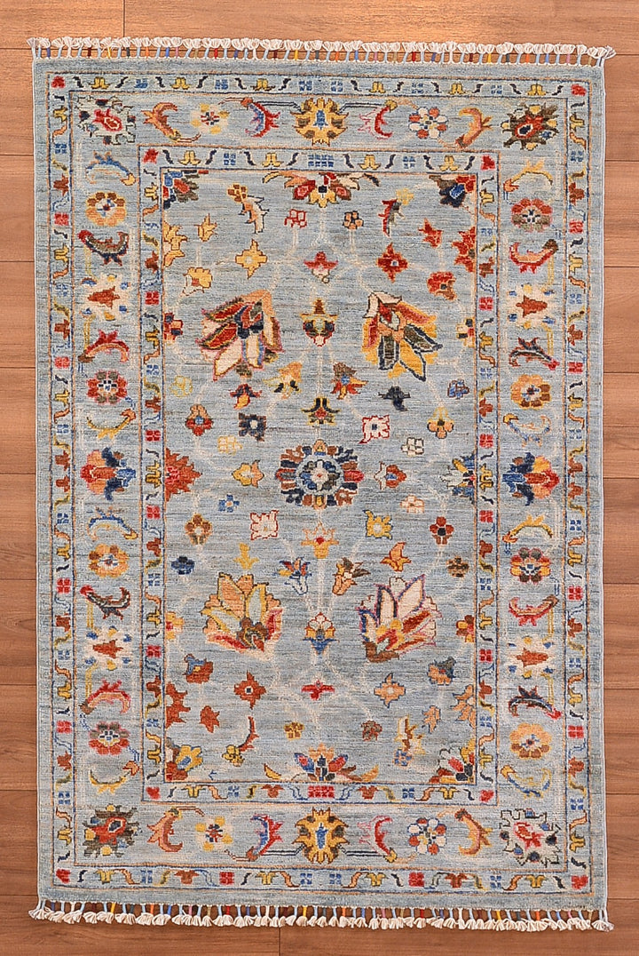 Sultani Floral Original Hand Woven Gray Root Dye Wool Carpet 102x154 1.57 Square Meters - 3x5 ft 