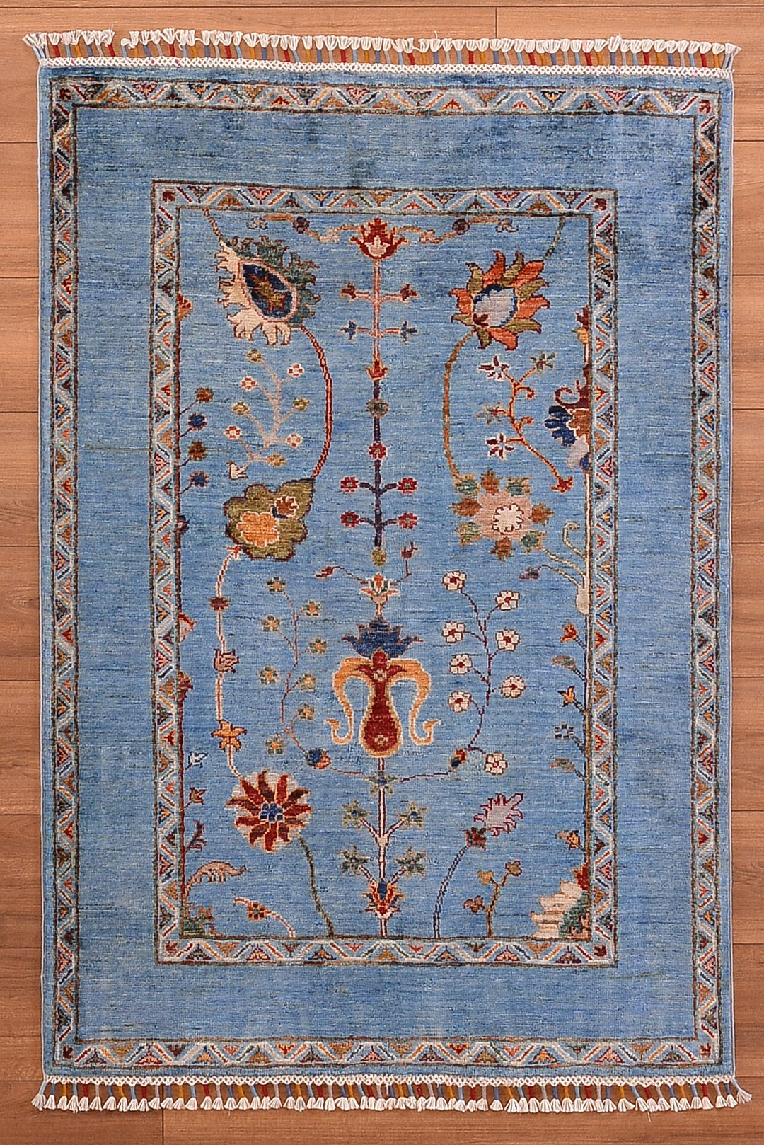 Sultani Çiçekli Orjinal El Dokuması Mavi Kök Boya Yün Halı 0.98x145 1.42 Metrekare - 3x4 ft