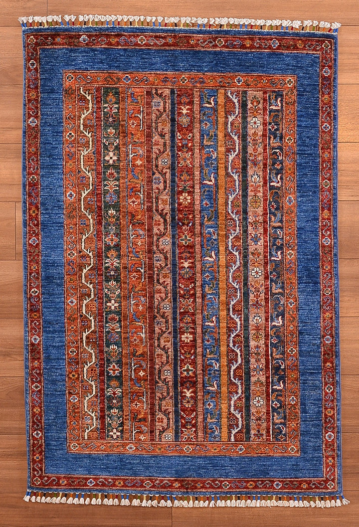 Şal Orjinal El Dokuması Mavi Kök Boya Yün Halı 103x155 1.60 Metrekare -3x5 ft