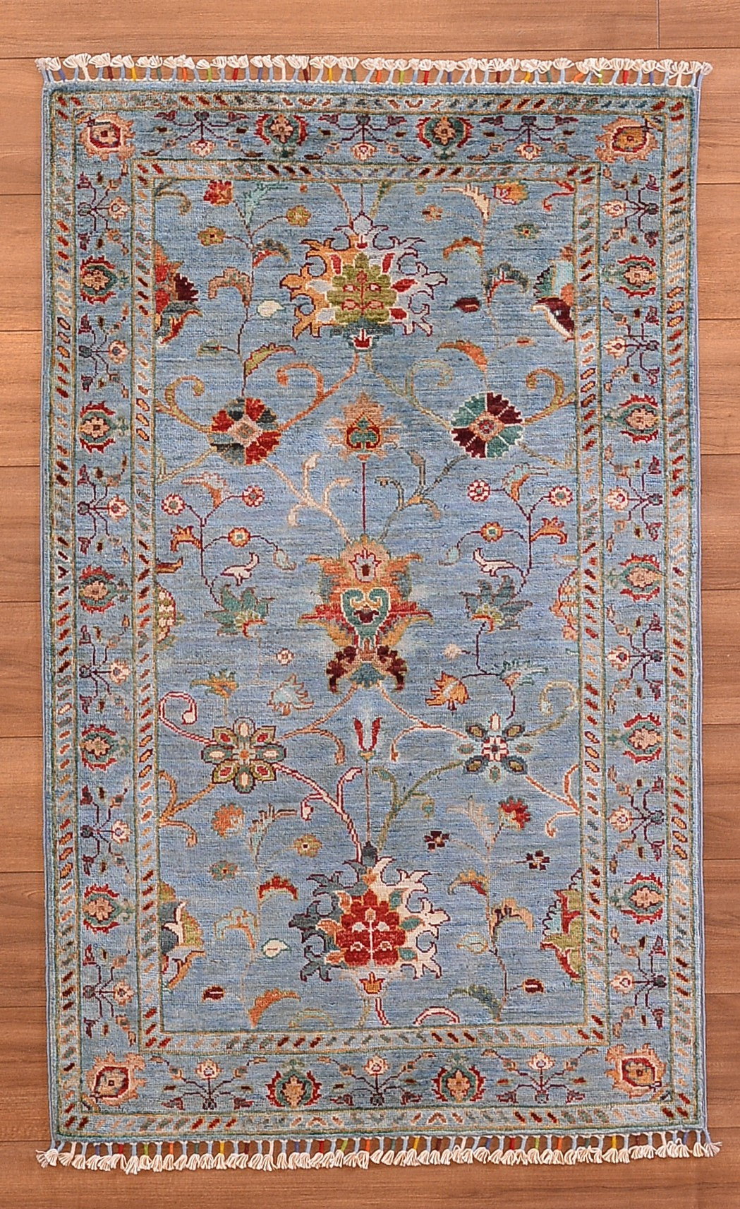 Sultani Çiçekli Orjinal El Dokuması Mavi Kök Boya Yün Halı 0.93x150 1.40 Metrekare - 3x4 ft