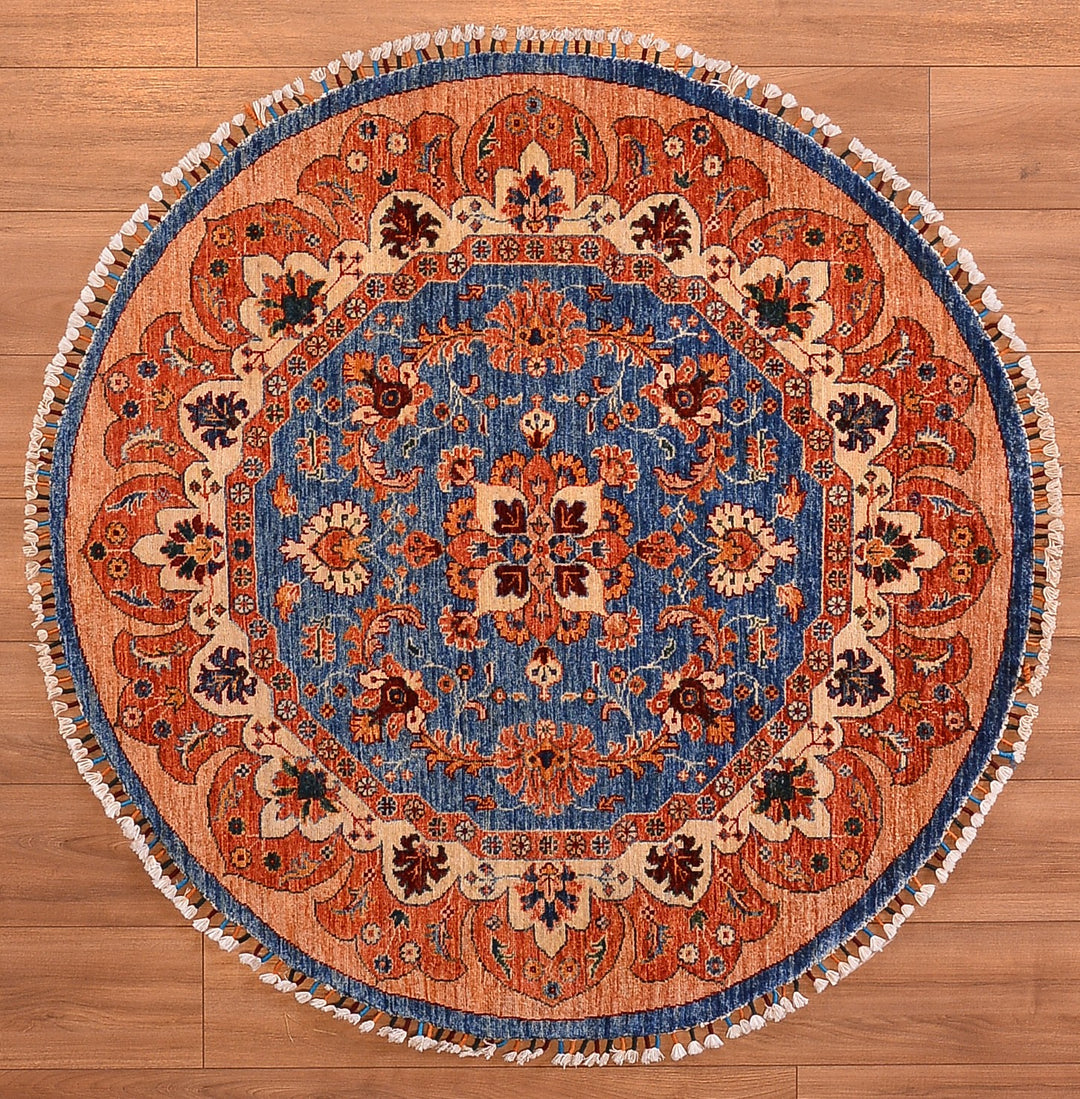 Khorjin Round Original Hand Woven Beige Blue Vegetable Dyed Wool Carpet 131x134 1.76 Square Meters - 4x4 ft