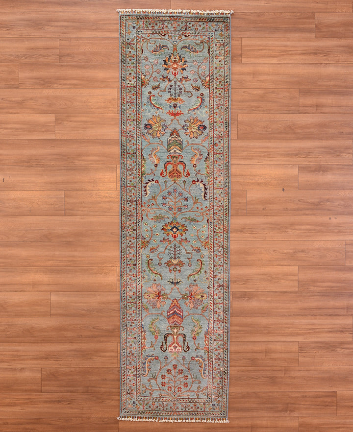 Sultani Floral Long Runner Original Hand Woven Gray Root Dye Wool Carpet 0.83x307 2.55 Square Meters - 2x10 ft 