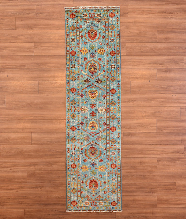 Sultani Floral Long Runner Original Hand Woven Turquoise Root Dye Wool Carpet 0.81x305 2.47 Square Meters - 2x10 ft