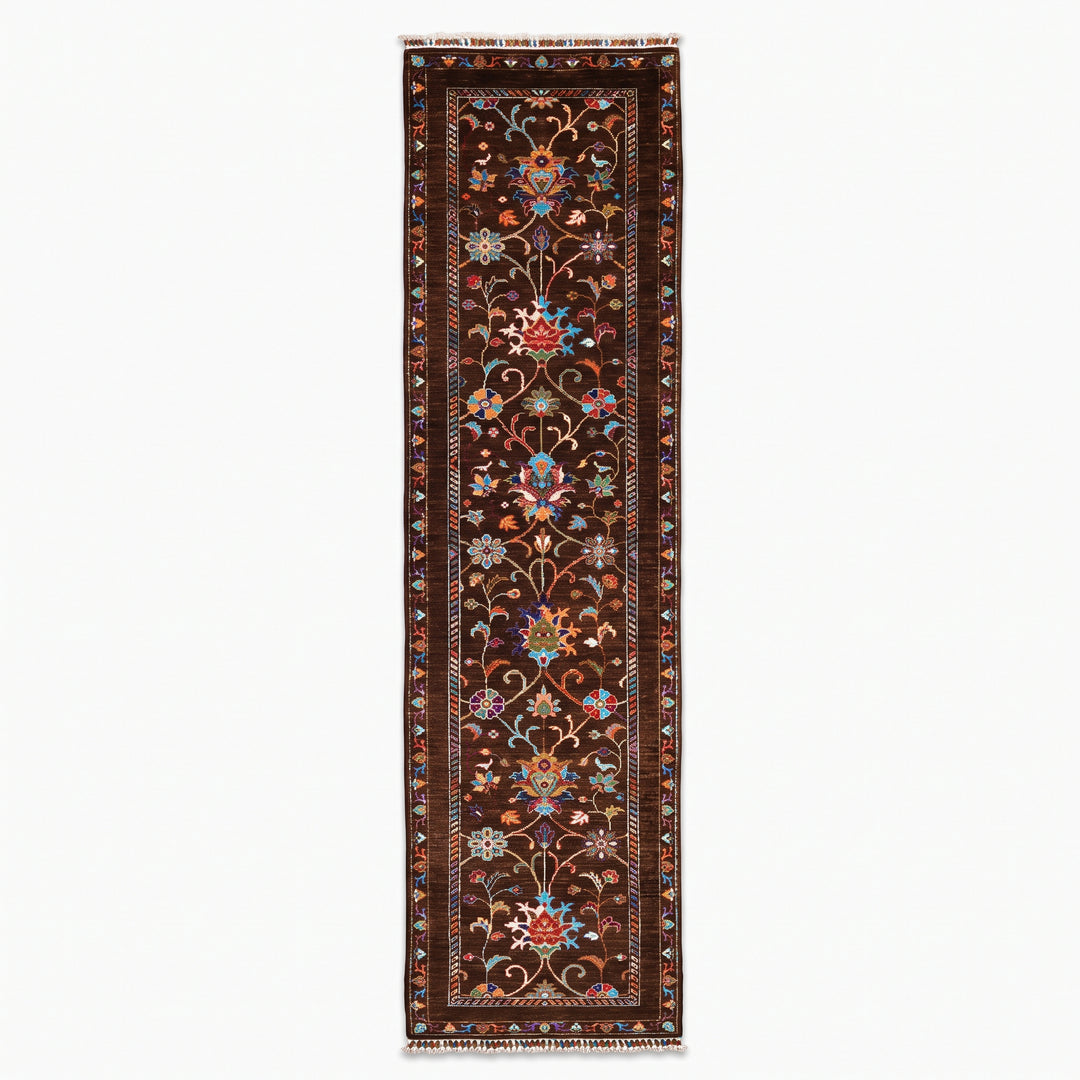 Sultani Binbirgece Yolluk Orijinal El Dokuması Kahverengi Kök Boya Yün Halı 0.81x298 2.41 Metrekare - 3x10 ft