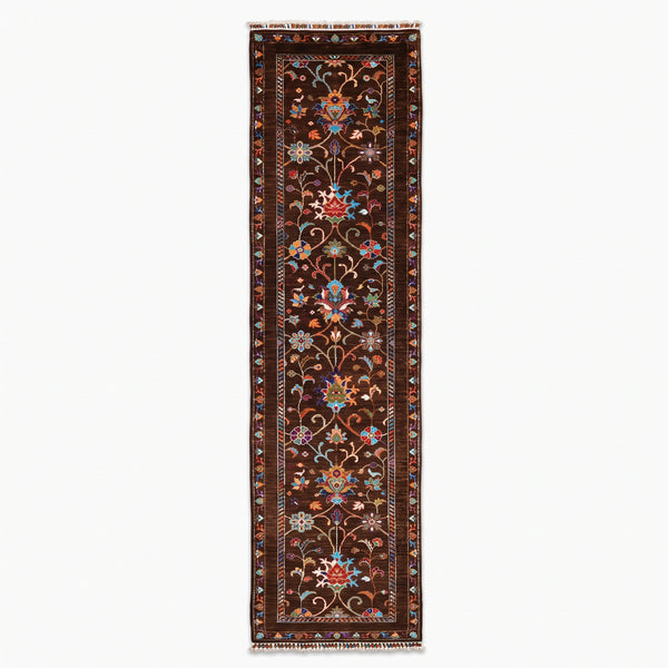 Sultani Binbirgece Yolluk Orijinal El Dokuması Kahverengi Kök Boya Yün Halı 0.81x298 2.41 Metrekare - 3x10 ft