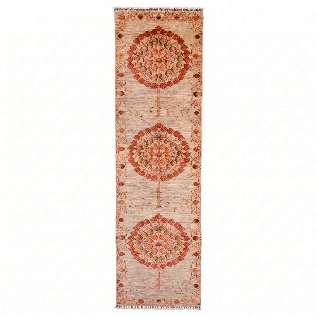 Nar Ağacı Yolluk Orijinal El Dokuması Bej Kök Boya Yün Halı 0.84x314 2.64 Metrekare - 3x10 ft