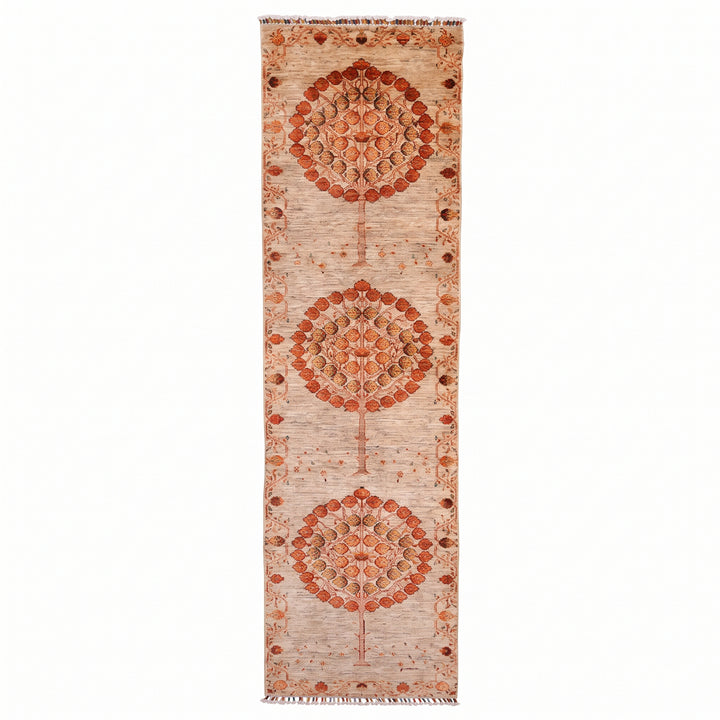 Nar Ağacı Yolluk Orijinal El Dokuması Bej Kök Boya Yün Halı 0.84x314 2.64 Metrekare - 3x10 ft