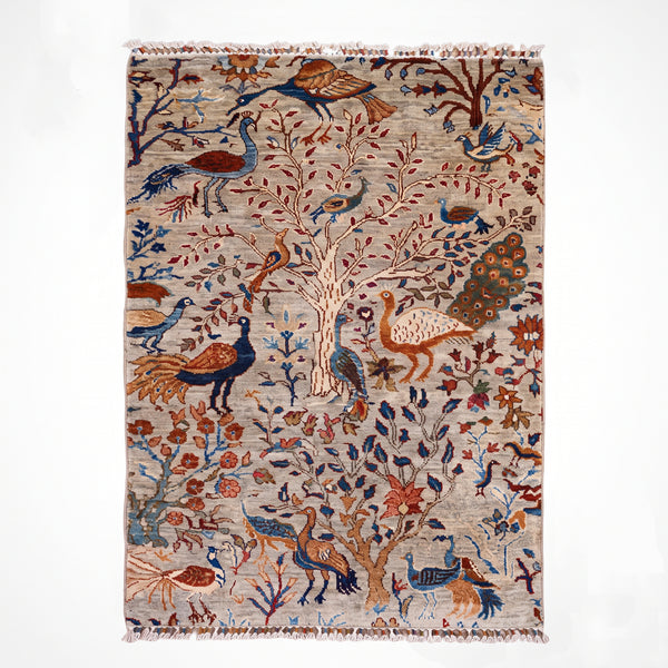 Kuş Orijinal El Dokuması Bej Kök Boya Yün Halı 0.98x147 1.44 Metrekare - 3x5 ft