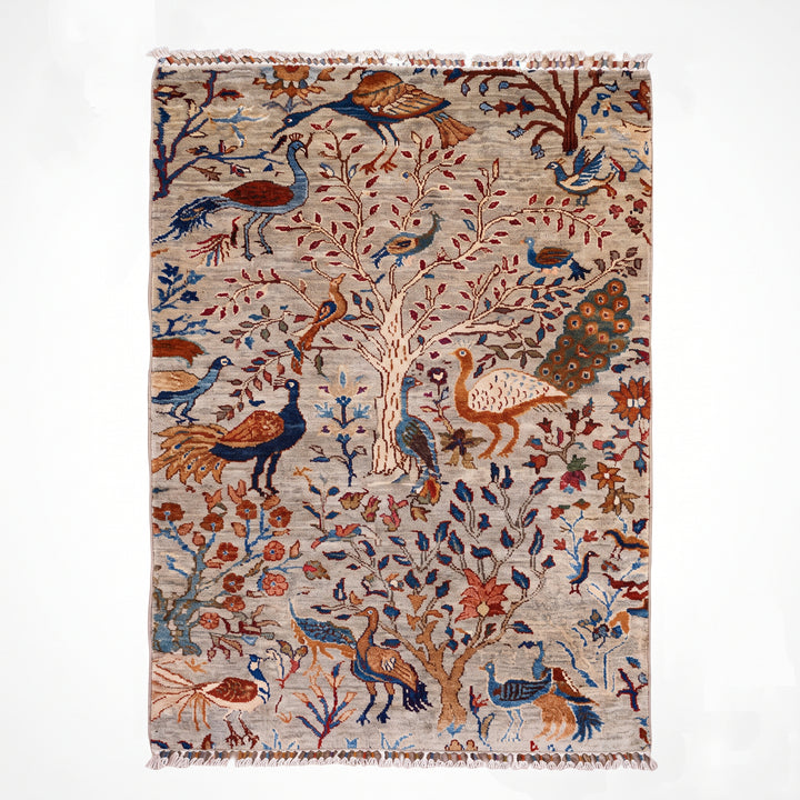 Kuş Orijinal El Dokuması Bej Kök Boya Yün Halı 0.98x147 1.44 Metrekare - 3x5 ft