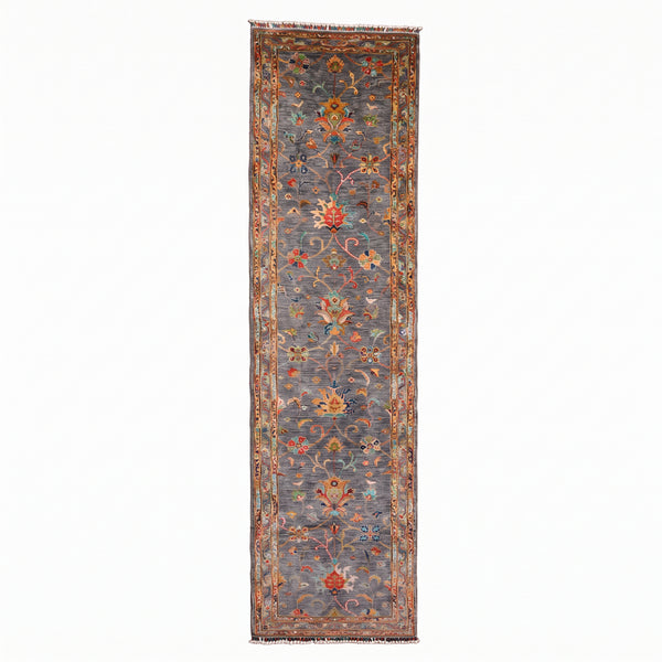 Sultani Binbirgece Yolluk Orijinal El Dokuması Gri Kök Boya Yün Halı 0.83x308 2.56 Metrekare - 3x10 ft