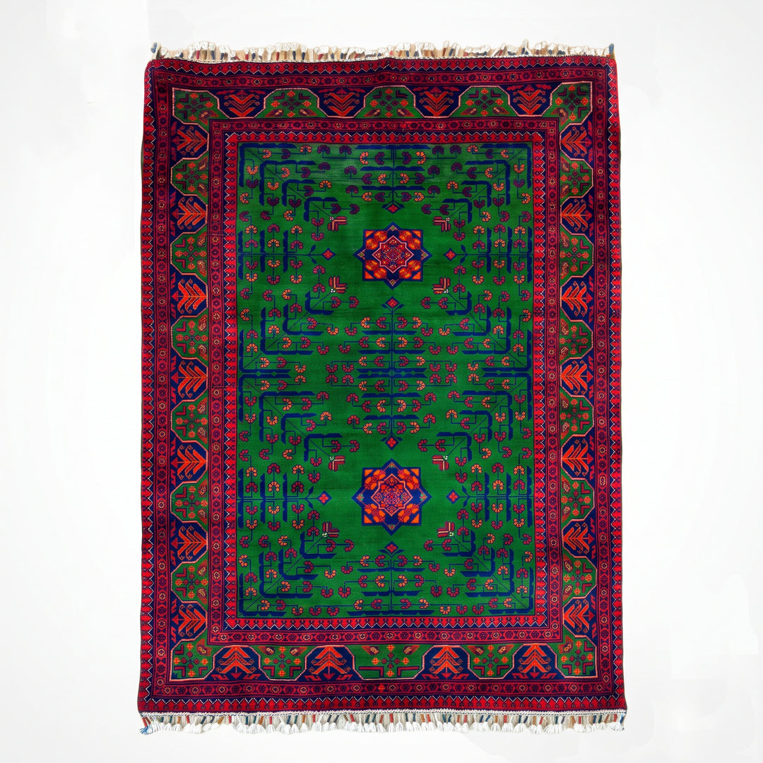 Afgan Halısı Yeşil Hamyap Orijinal El Dokuması Kök Boya Yün 105x153 1.61 Metrekare - 3x5 ft