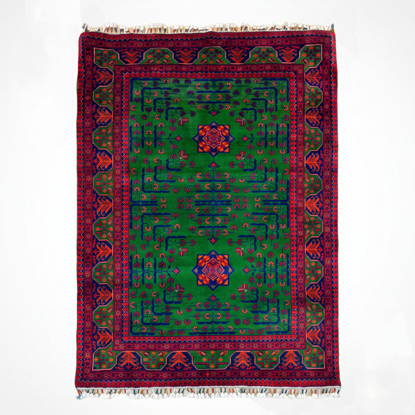 Afgan Halısı Yeşil Hamyap Orijinal El Dokuması Kök Boya Yün 105x153 1.61 Metrekare - 3x5 ft
