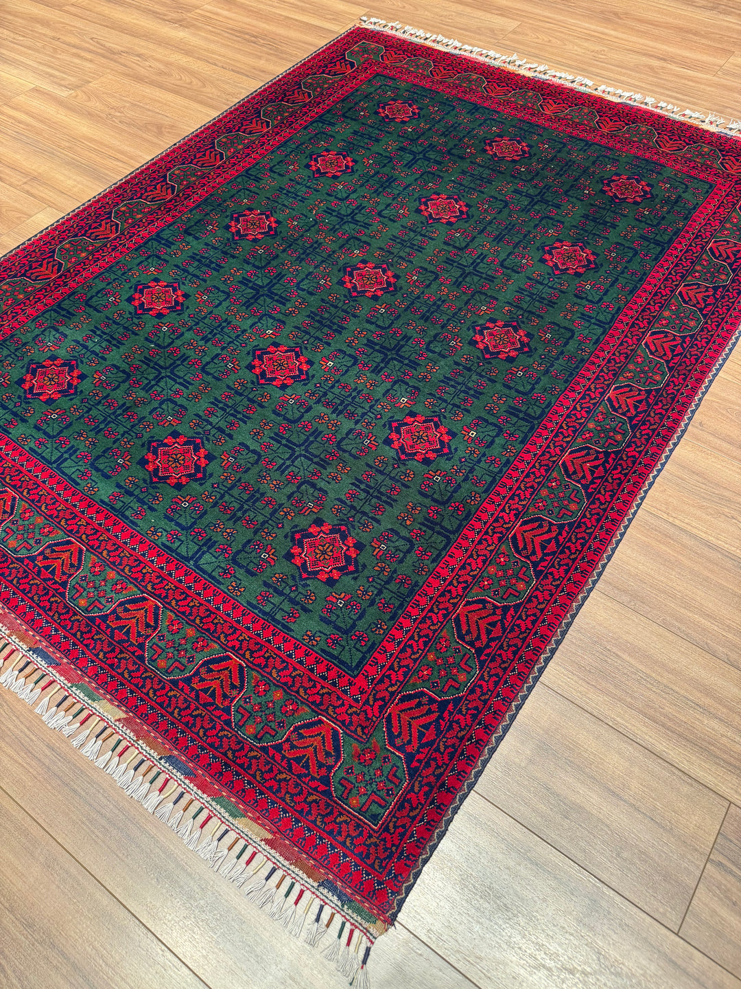 Afgan Halısı Yeşil Hamyap Orijinal El Dokuması Kök Boya Yün 148x200 2.96 Metrekare - 5x6 ft