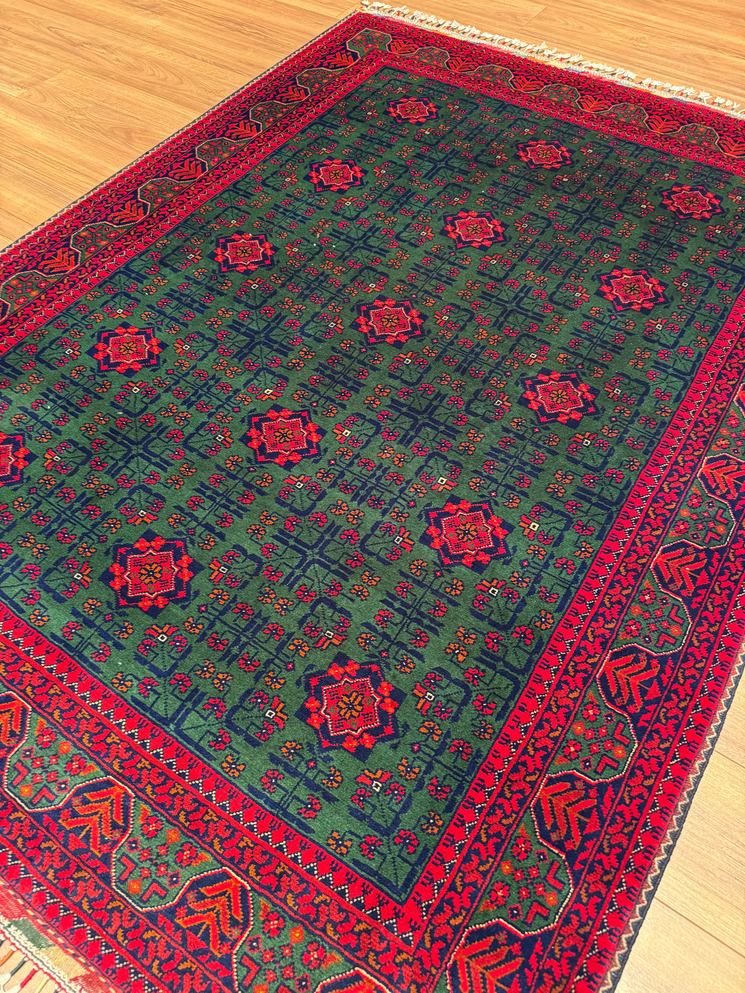 Afgan Halısı Yeşil Hamyap Orijinal El Dokuması Kök Boya Yün 148x200 2.96 Metrekare - 5x6 ft