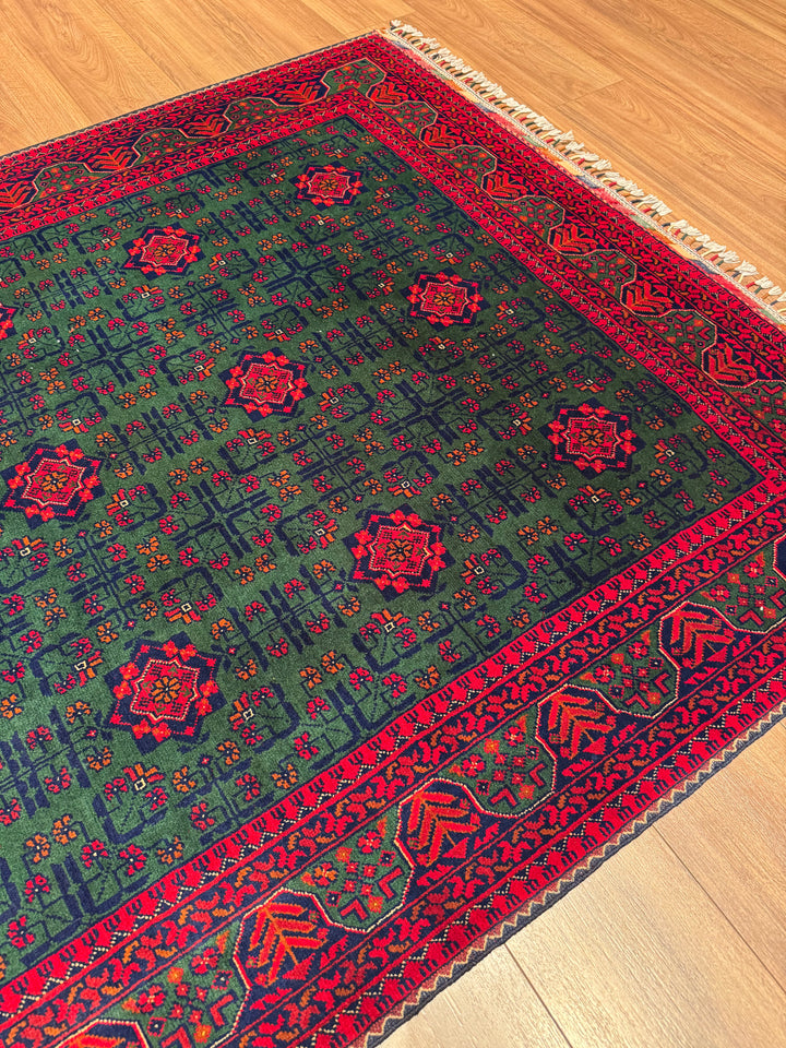 Afgan Halısı Yeşil Hamyap Orijinal El Dokuması Kök Boya Yün 148x200 2.96 Metrekare - 5x6 ft