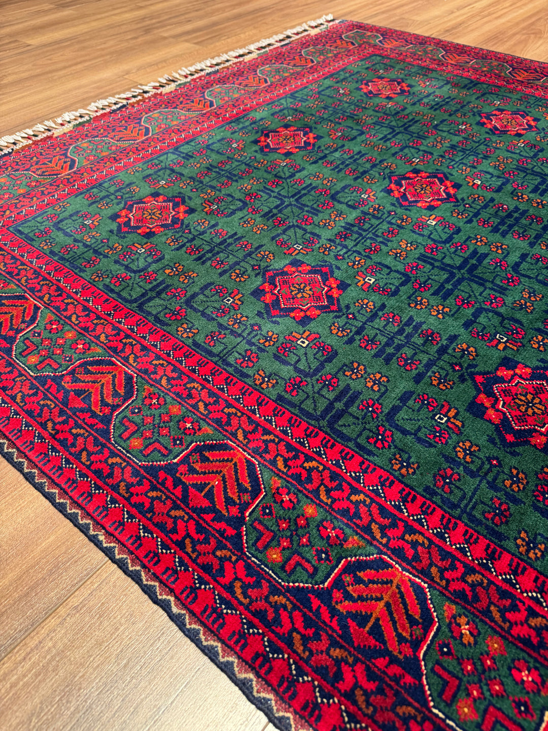 Afgan Halısı Yeşil Hamyap Orijinal El Dokuması Kök Boya Yün 148x200 2.96 Metrekare - 5x6 ft