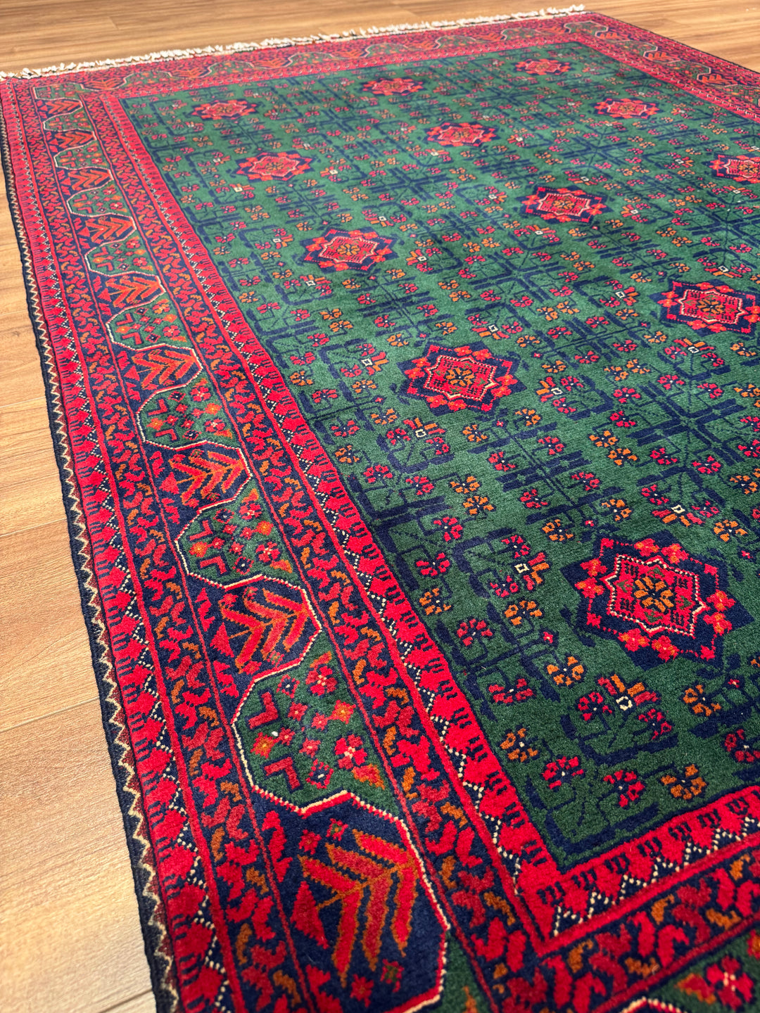 Afgan Halısı Yeşil Hamyap Orijinal El Dokuması Kök Boya Yün 148x200 2.96 Metrekare - 5x6 ft