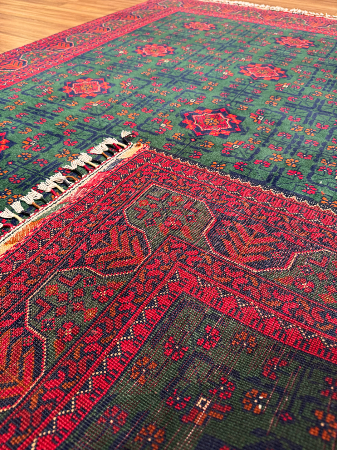 Afgan Halısı Yeşil Hamyap Orijinal El Dokuması Kök Boya Yün 148x200 2.96 Metrekare - 5x6 ft