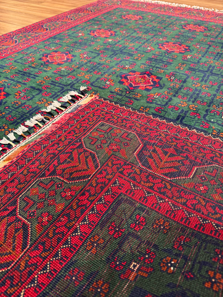 Afgan Halısı Yeşil Hamyap Orijinal El Dokuması Kök Boya Yün 148x200 2.96 Metrekare - 5x6 ft