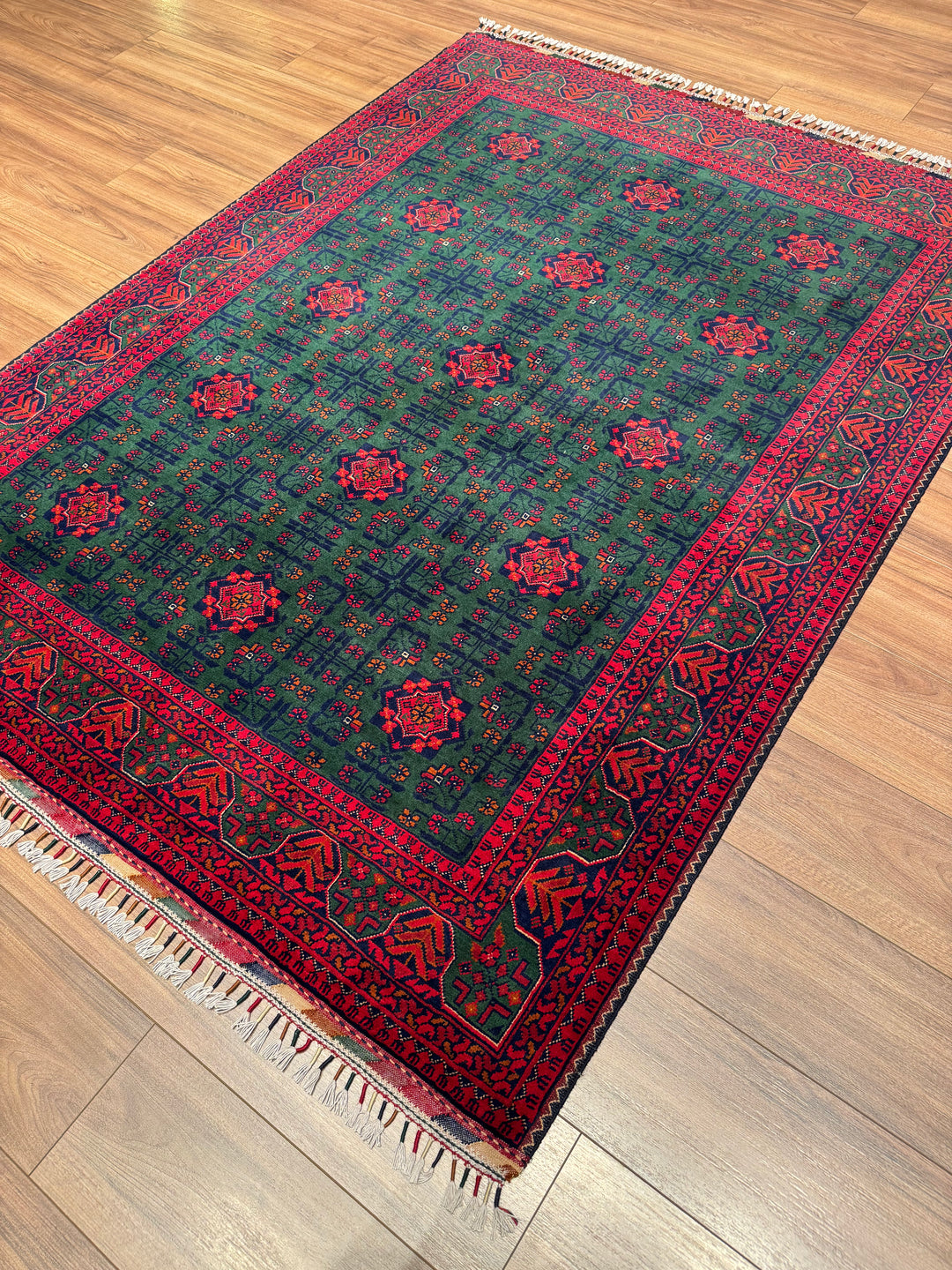 Afgan Halısı Yeşil Hamyap Orijinal El Dokuması Kök Boya Yün 148x200 2.96 Metrekare - 5x6 ft