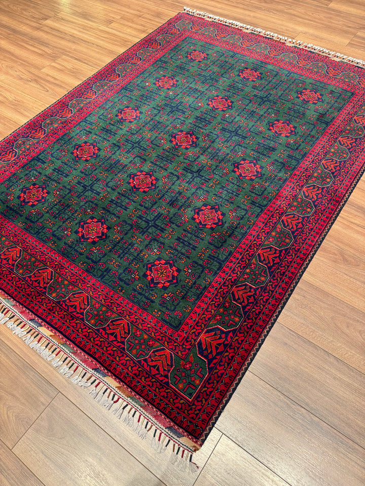 Afgan Halısı Yeşil Hamyap Orijinal El Dokuması Kök Boya Yün 148x200 2.96 Metrekare - 5x6 ft