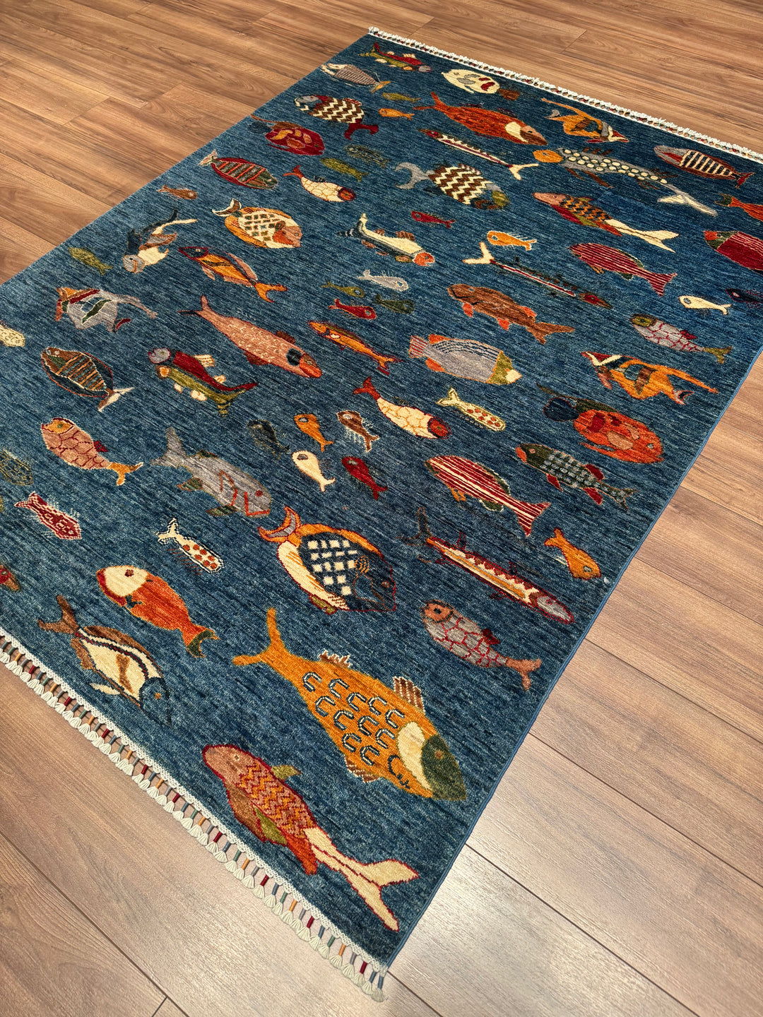 Balık Orijinal El Dokuması Mavi Kök Boya Yün Halı 156x205 3.20 Metrekare - 5x6 ft