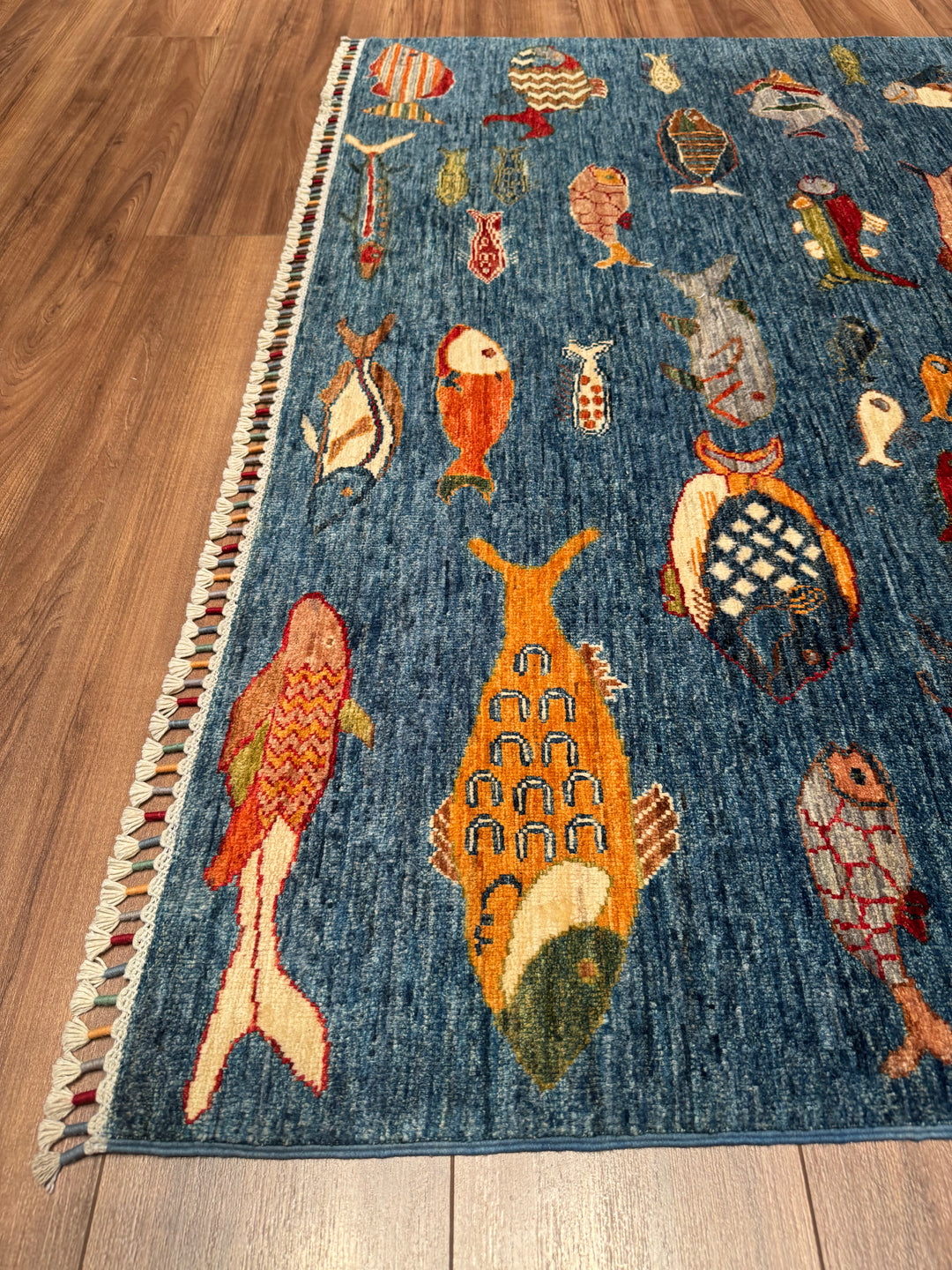 Balık Orijinal El Dokuması Mavi Kök Boya Yün Halı 156x205 3.20 Metrekare - 5x6 ft