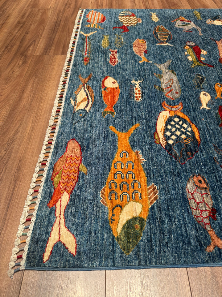 Balık Orijinal El Dokuması Mavi Kök Boya Yün Halı 156x205 3.20 Metrekare - 5x6 ft