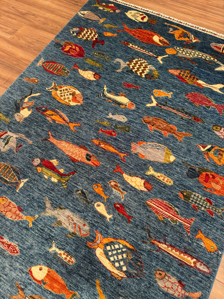 Balık Orijinal El Dokuması Mavi Kök Boya Yün Halı 156x205 3.20 Metrekare - 5x6 ft