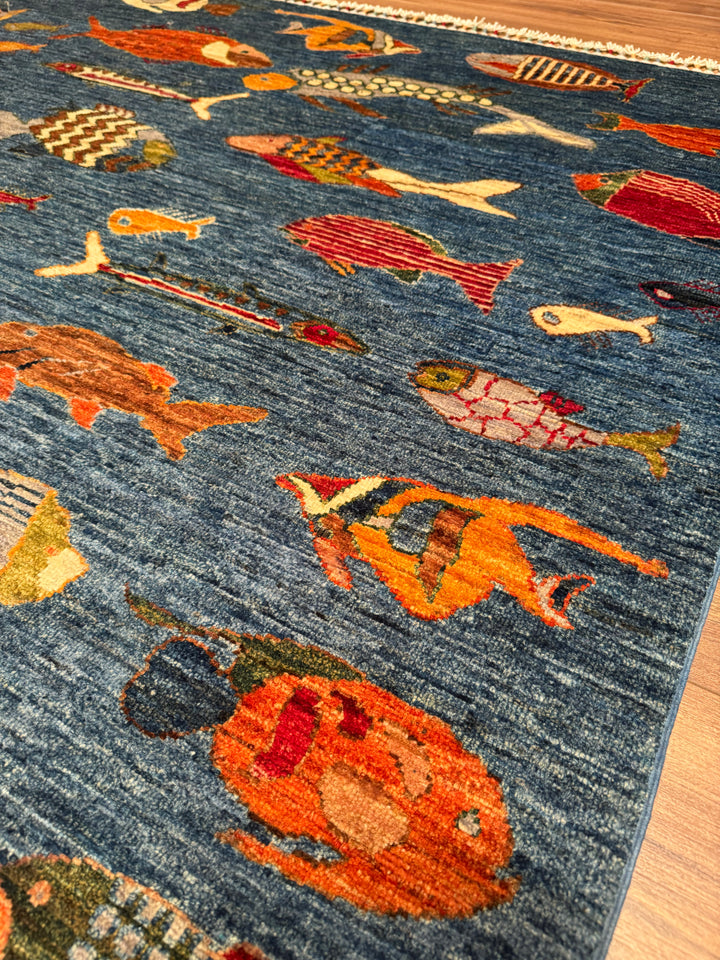 Balık Orijinal El Dokuması Mavi Kök Boya Yün Halı 156x205 3.20 Metrekare - 5x6 ft