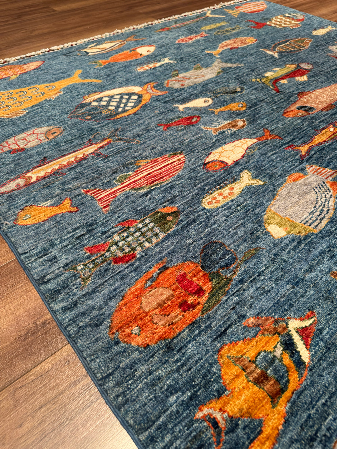 Balık Orijinal El Dokuması Mavi Kök Boya Yün Halı 156x205 3.20 Metrekare - 5x6 ft